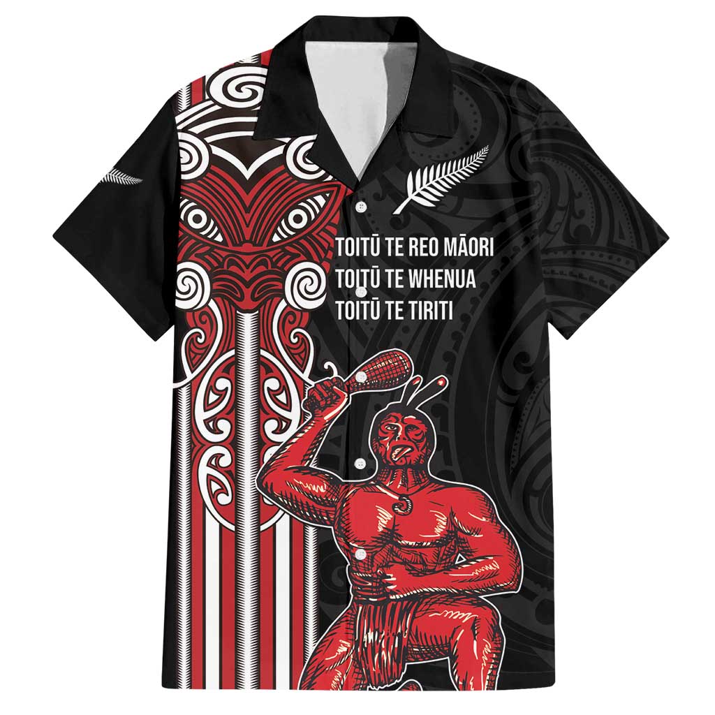 Toitu Te Reo Maori Toitu Te Whenua Toitu Te Tiriti Family Matching Off Shoulder Short Dress and Hawaiian Shirt Maori Warrior New Zealand LT01 Dad's Shirt - Short Sleeve Black - Polynesian Pride