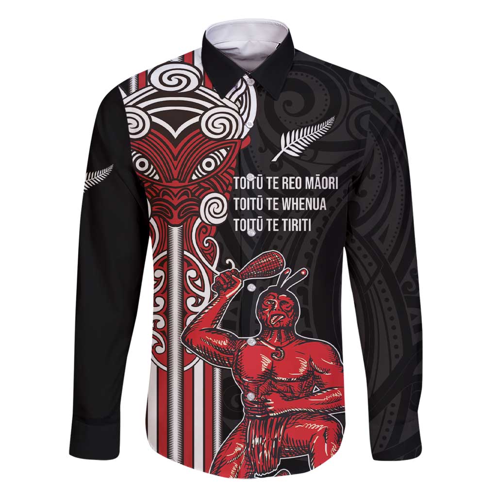 Toitu Te Reo Maori Toitu Te Whenua Toitu Te Tiriti Family Matching Short Sleeve Bodycon Dress and Hawaiian Shirt Maori Warrior New Zealand LT01 Dad's Shirt - Long Sleeve Black - Polynesian Pride