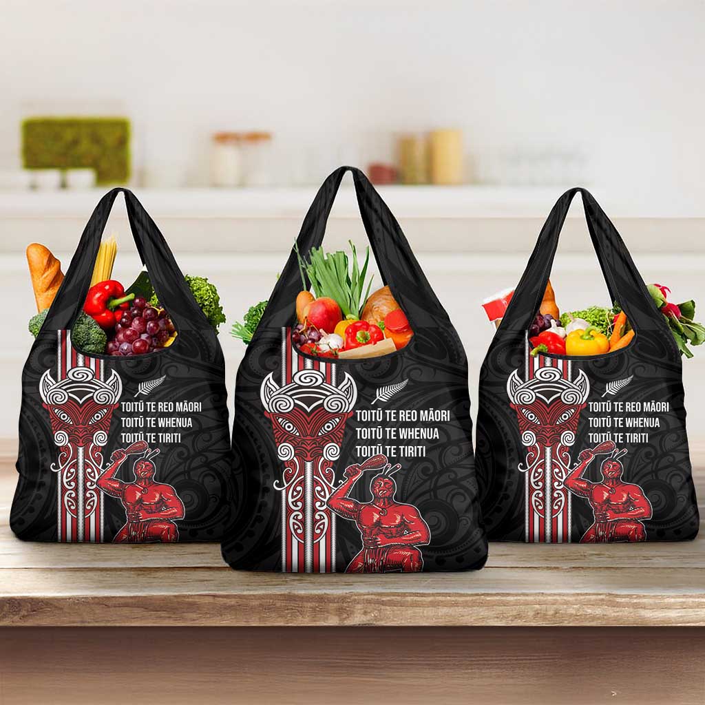 Toitu Te Reo Maori Toitu Te Whenua Toitu Te Tiriti Grocery Bag Maori Warrior New Zealand