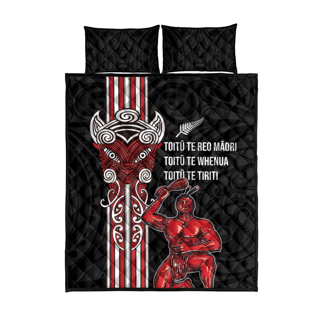 Toitu Te Reo Maori Toitu Te Whenua Toitu Te Tiriti Quilt Bed Set Maori Warrior New Zealand