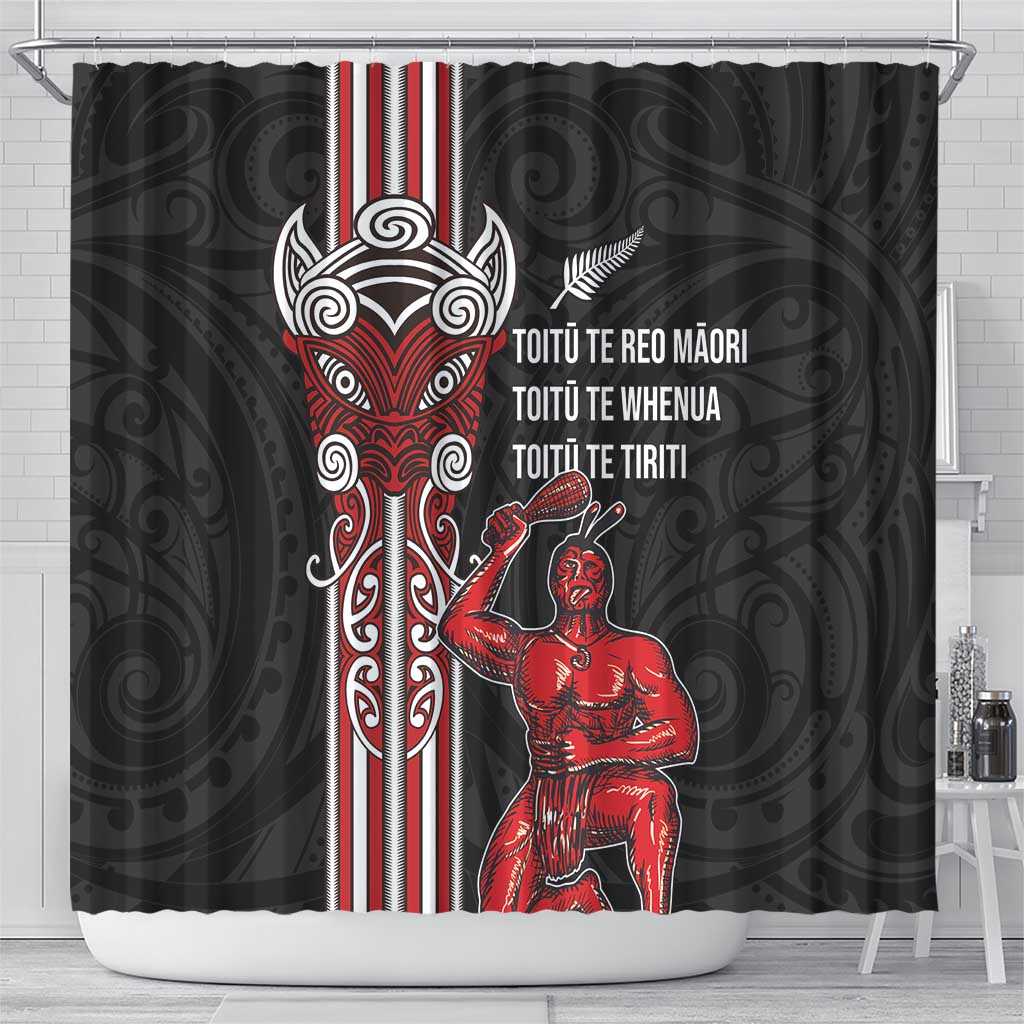 Toitu Te Reo Maori Toitu Te Whenua Toitu Te Tiriti Shower Curtain Maori Warrior New Zealand LT01 - Polynesian Pride