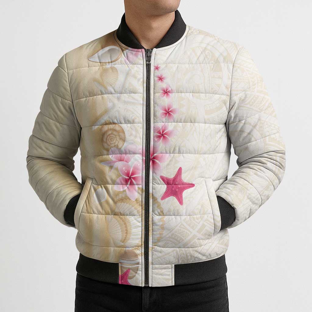 Beige Frangipani Sea Shell Bomber Puffer Jacket Starfish Polynesian Pattern - Polynesian Pride