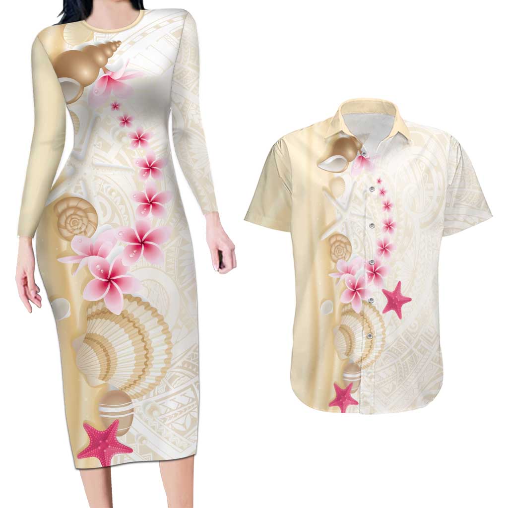 Beige Frangipani Sea Shell Couples Matching Long Sleeve Bodycon Dress and Hawaiian Shirt Starfish Polynesian Pattern - Polynesian Pride