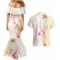 Beige Frangipani Sea Shell Couples Matching Mermaid Dress and Hawaiian Shirt Starfish Polynesian Pattern - Polynesian Pride