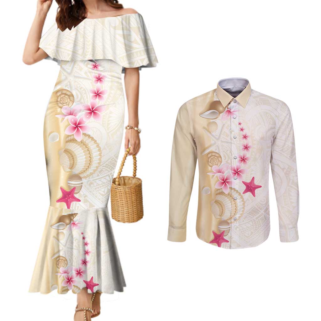 Beige Frangipani Sea Shell Couples Matching Mermaid Dress and Long Sleeve Button Shirt Starfish Polynesian Pattern - Polynesian Pride