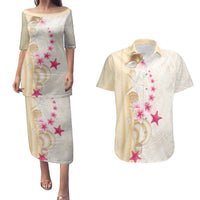 Beige Frangipani Sea Shell Couples Matching Puletasi and Hawaiian Shirt Starfish Polynesian Pattern - Polynesian Pride