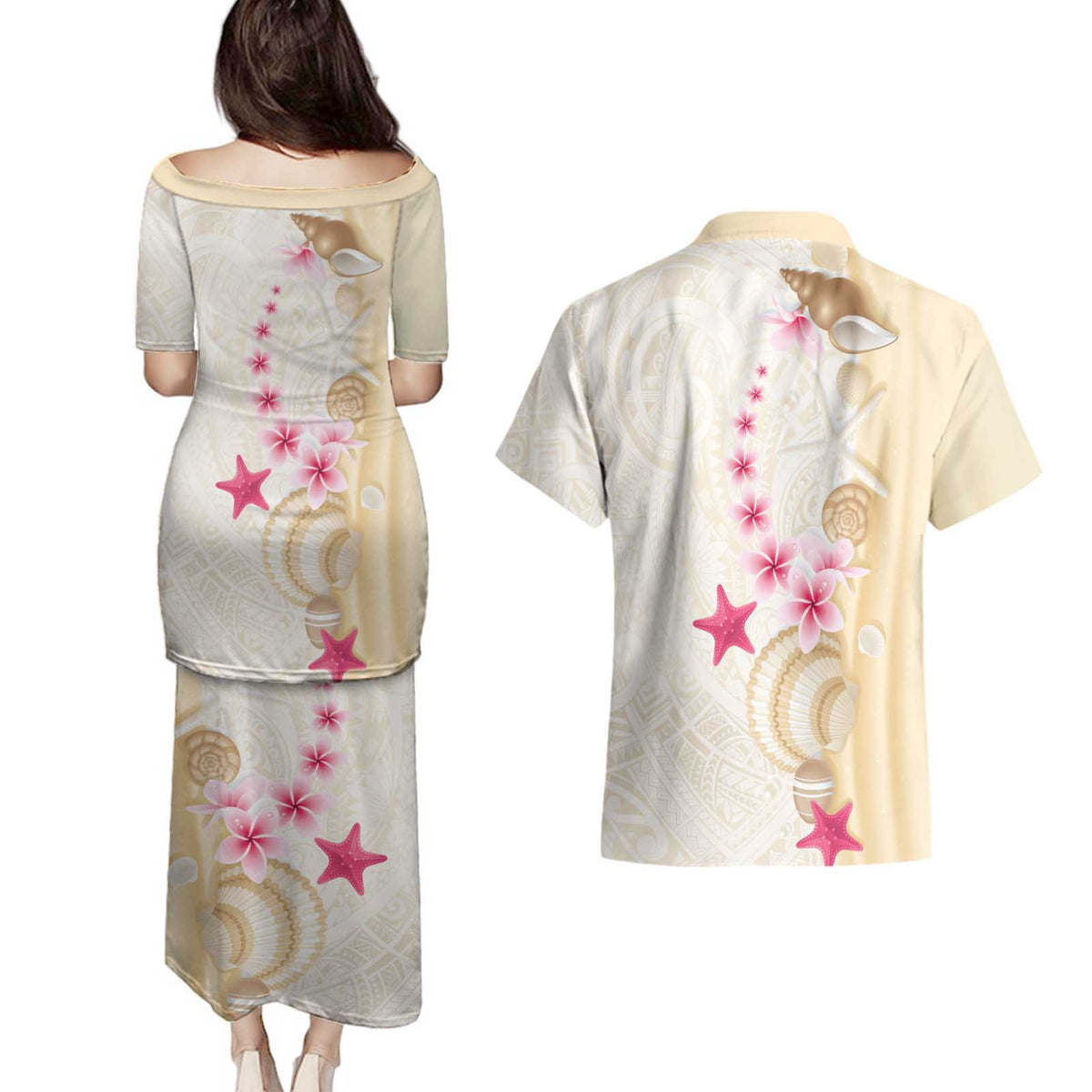 Beige Frangipani Sea Shell Couples Matching Puletasi and Hawaiian Shirt Starfish Polynesian Pattern - Polynesian Pride