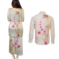 Beige Frangipani Sea Shell Couples Matching Puletasi and Long Sleeve Button Shirt Starfish Polynesian Pattern - Polynesian Pride