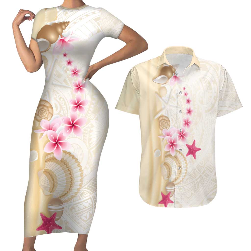 Beige Frangipani Sea Shell Couples Matching Short Sleeve Bodycon Dress and Hawaiian Shirt Starfish Polynesian Pattern - Polynesian Pride