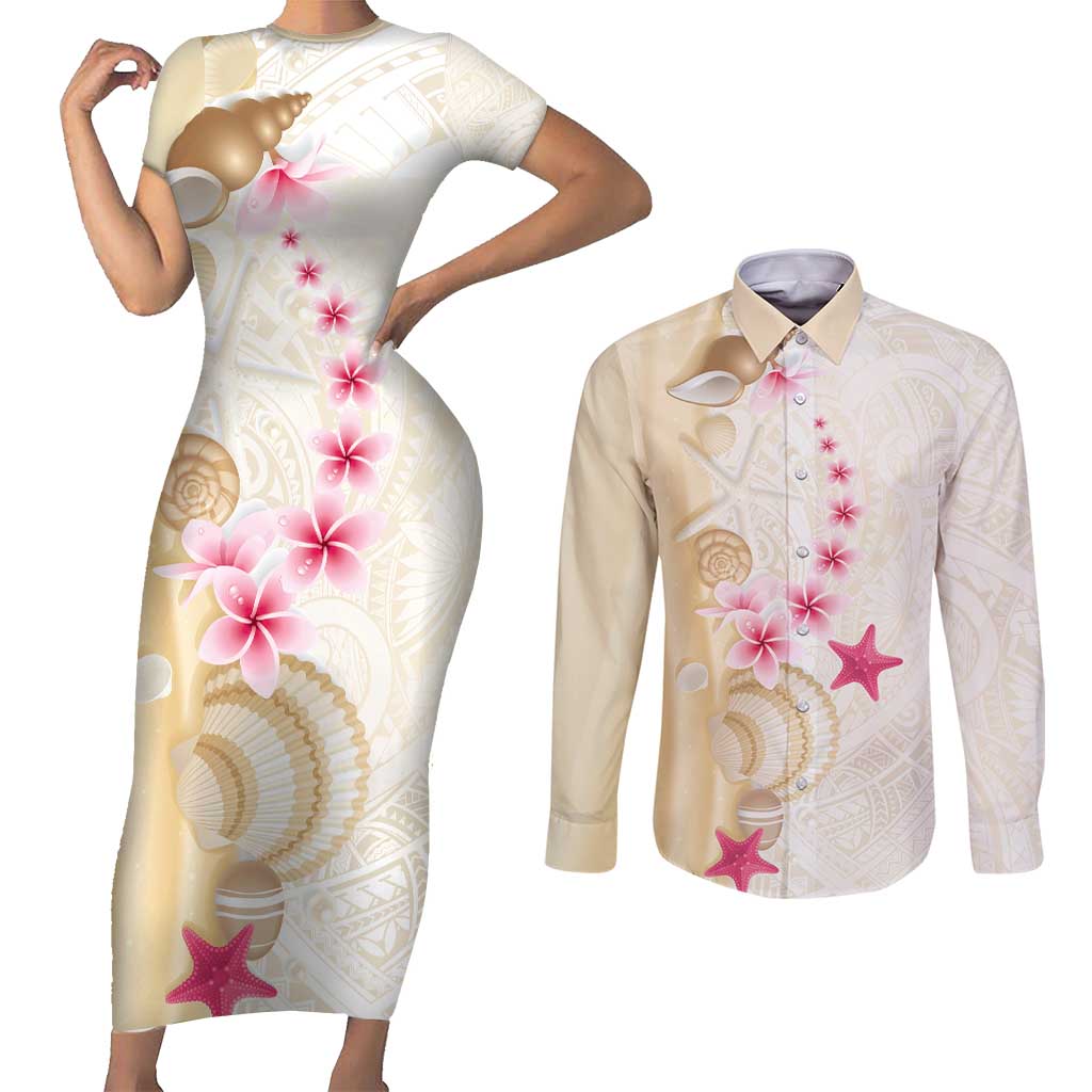 Beige Frangipani Sea Shell Couples Matching Short Sleeve Bodycon Dress and Long Sleeve Button Shirt Starfish Polynesian Pattern - Polynesian Pride