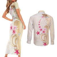 Beige Frangipani Sea Shell Couples Matching Short Sleeve Bodycon Dress and Long Sleeve Button Shirt Starfish Polynesian Pattern - Polynesian Pride