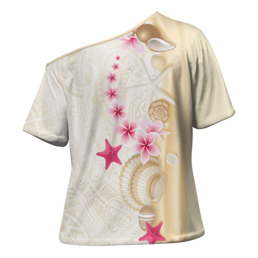 Beige Frangipani Sea Shell Cross Shoulder Shirt Starfish Polynesian Pattern - Polynesian Pride