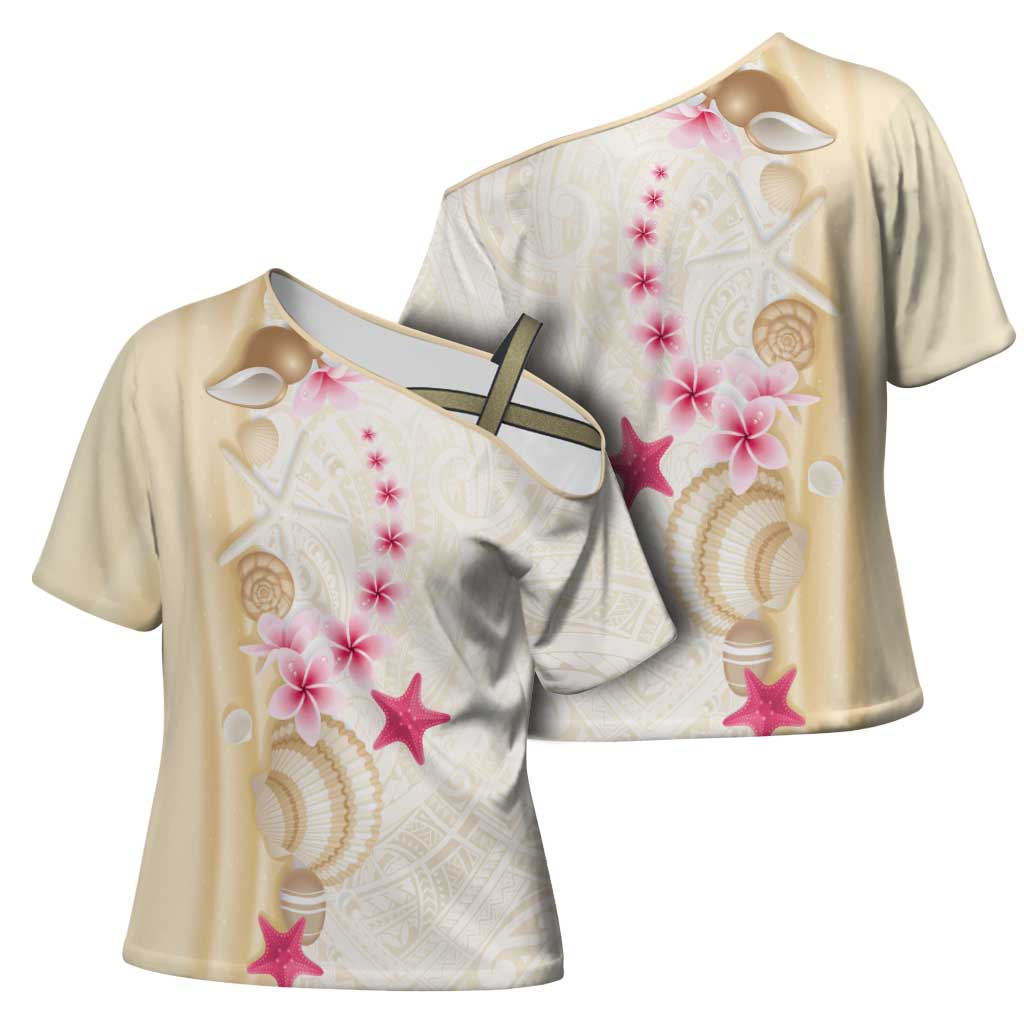 Beige Frangipani Sea Shell Cross Shoulder Shirt Starfish Polynesian Pattern - Polynesian Pride