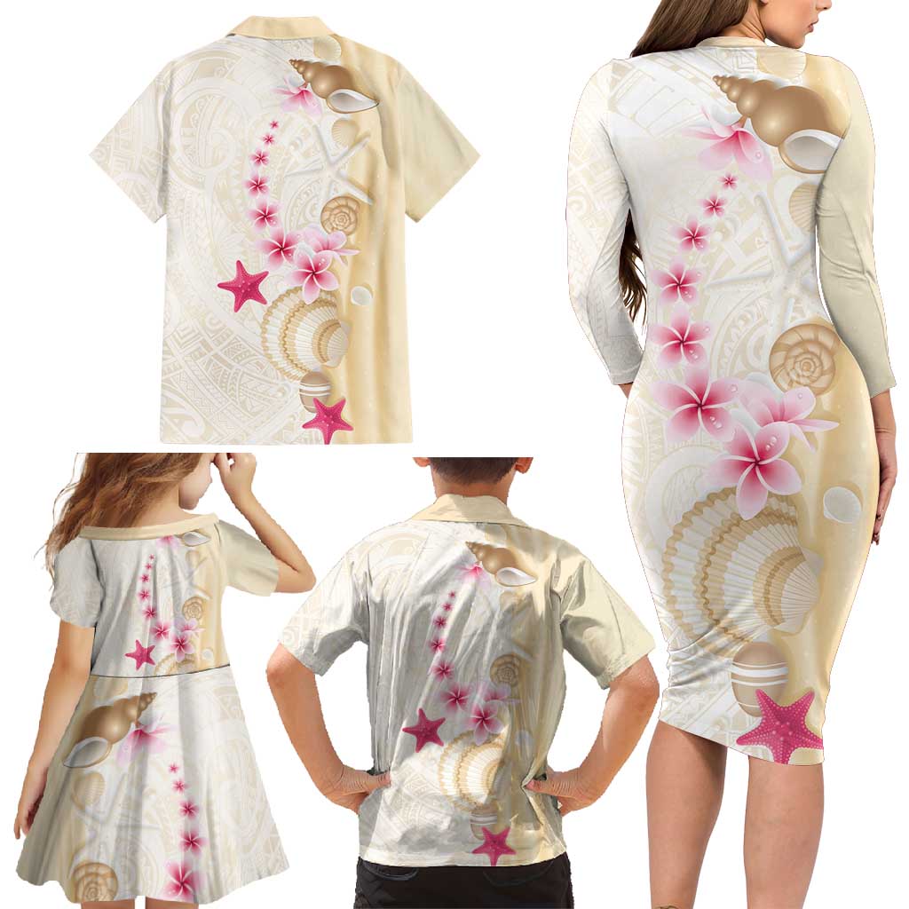 Beige Frangipani Sea Shell Family Matching Long Sleeve Bodycon Dress and Hawaiian Shirt Starfish Polynesian Pattern - Polynesian Pride