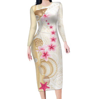 Beige Frangipani Sea Shell Family Matching Long Sleeve Bodycon Dress and Hawaiian Shirt Starfish Polynesian Pattern - Polynesian Pride