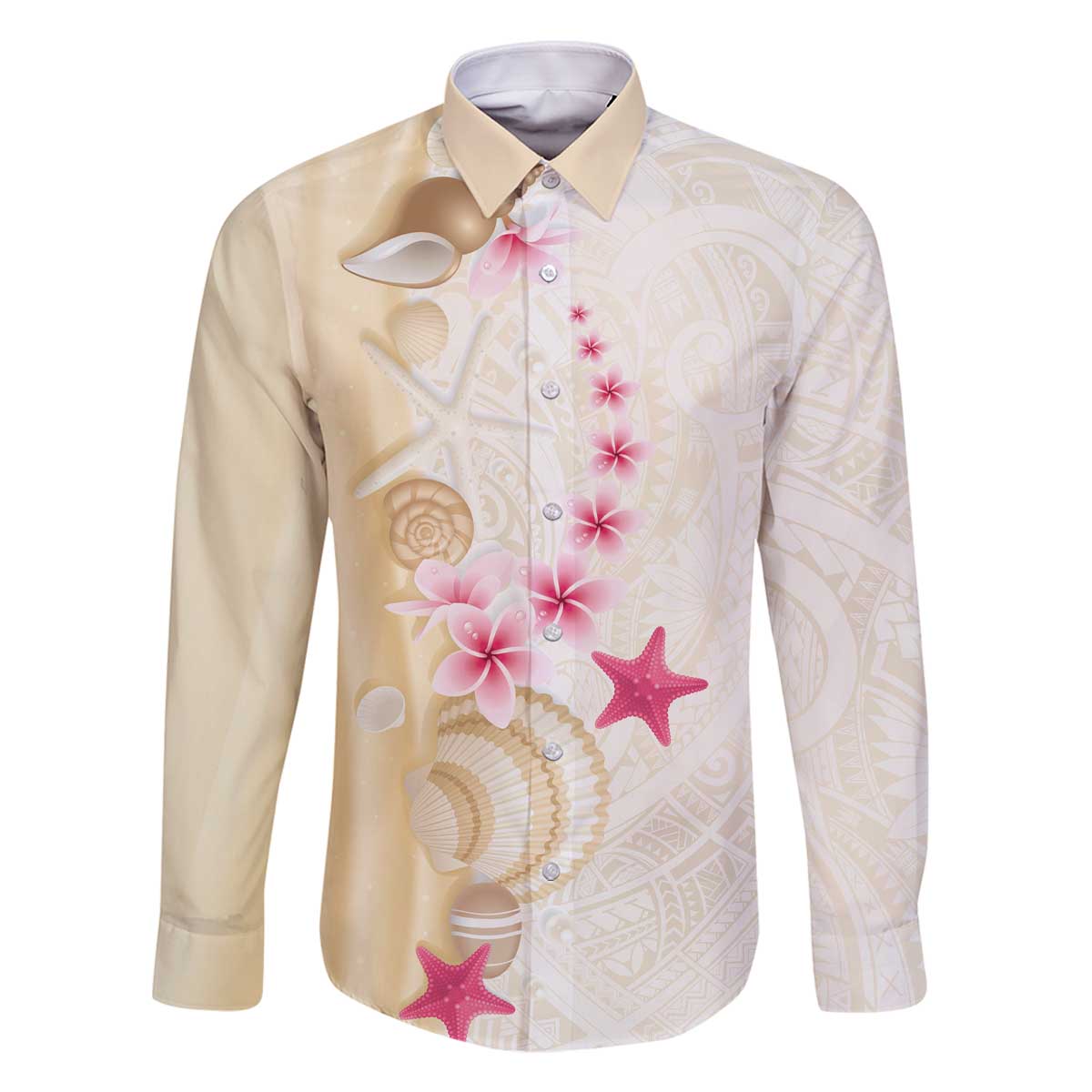 Beige Frangipani Sea Shell Family Matching Off The Shoulder Long Sleeve Dress and Hawaiian Shirt Starfish Polynesian Pattern - Polynesian Pride
