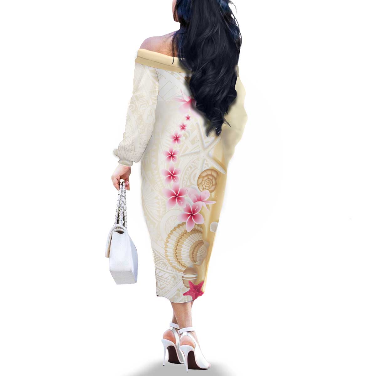 Beige Frangipani Sea Shell Family Matching Off The Shoulder Long Sleeve Dress and Hawaiian Shirt Starfish Polynesian Pattern - Polynesian Pride