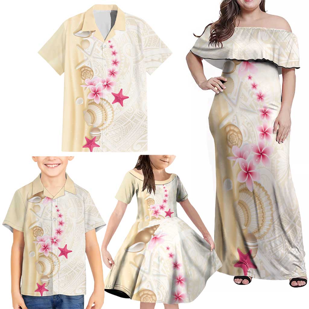 Beige Frangipani Sea Shell Family Matching Off Shoulder Maxi Dress and Hawaiian Shirt Starfish Polynesian Pattern LT01 - Polynesian Pride
