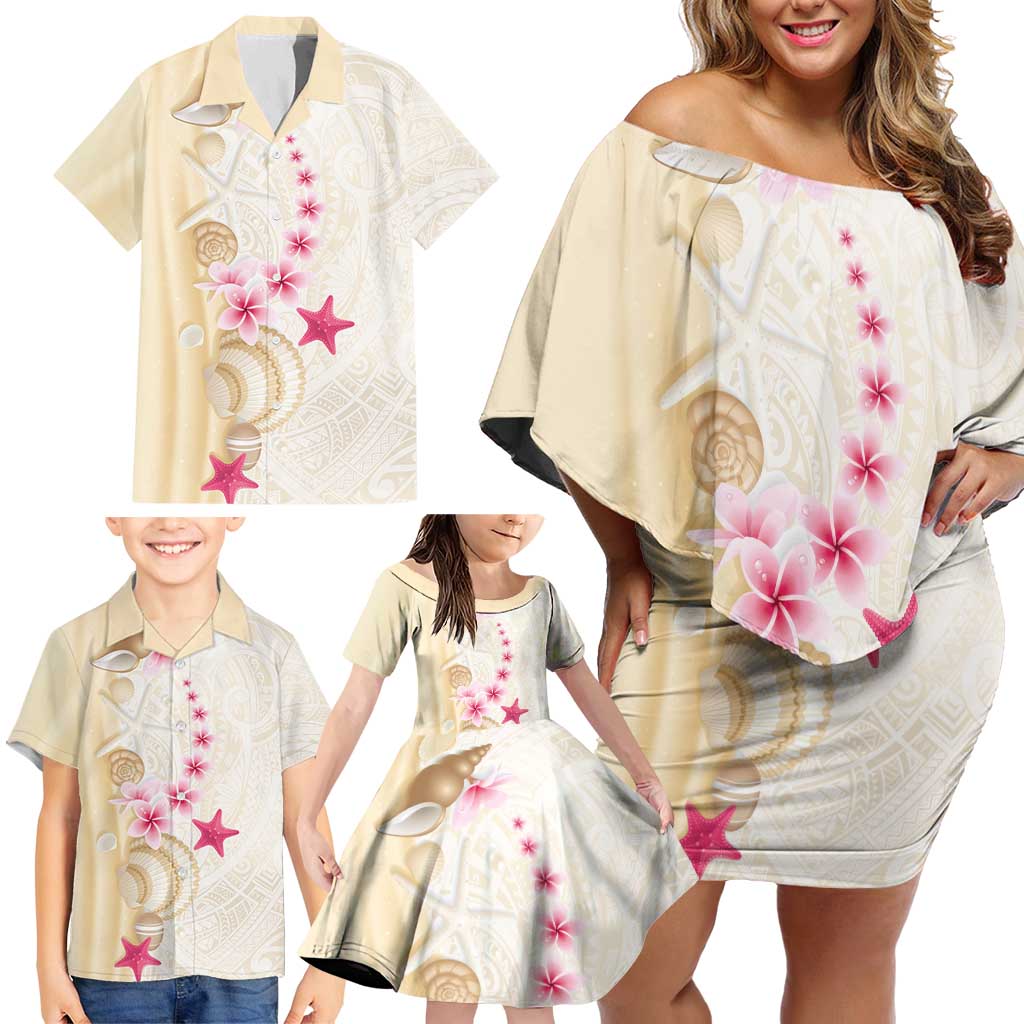 Beige Frangipani Sea Shell Family Matching Off Shoulder Short Dress and Hawaiian Shirt Starfish Polynesian Pattern - Polynesian Pride