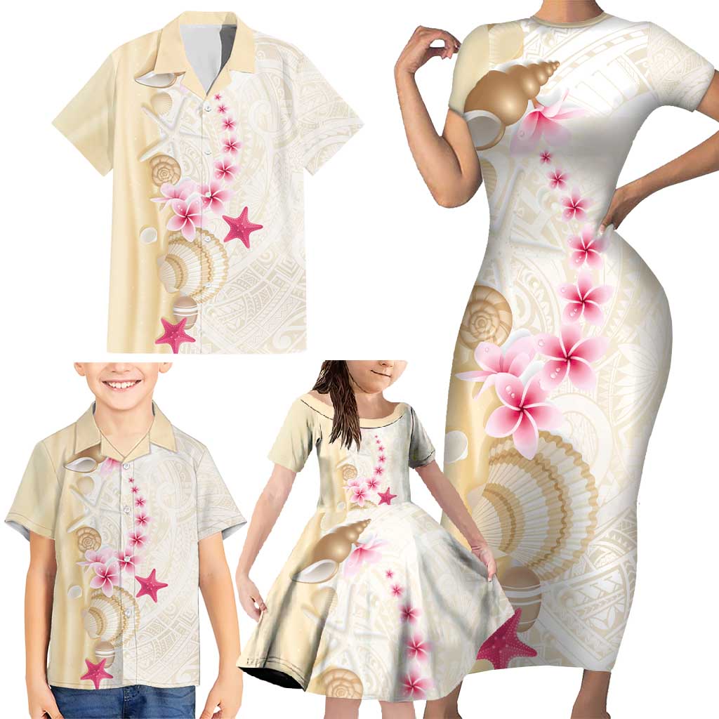 Beige Frangipani Sea Shell Family Matching Short Sleeve Bodycon Dress and Hawaiian Shirt Starfish Polynesian Pattern - Polynesian Pride