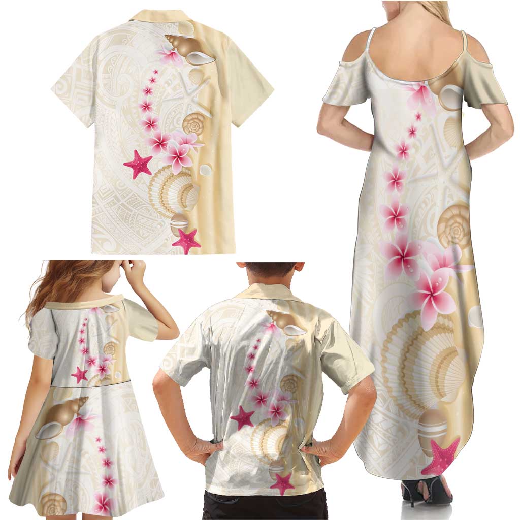 Beige Frangipani Sea Shell Family Matching Summer Maxi Dress and Hawaiian Shirt Starfish Polynesian Pattern LT01 - Polynesian Pride