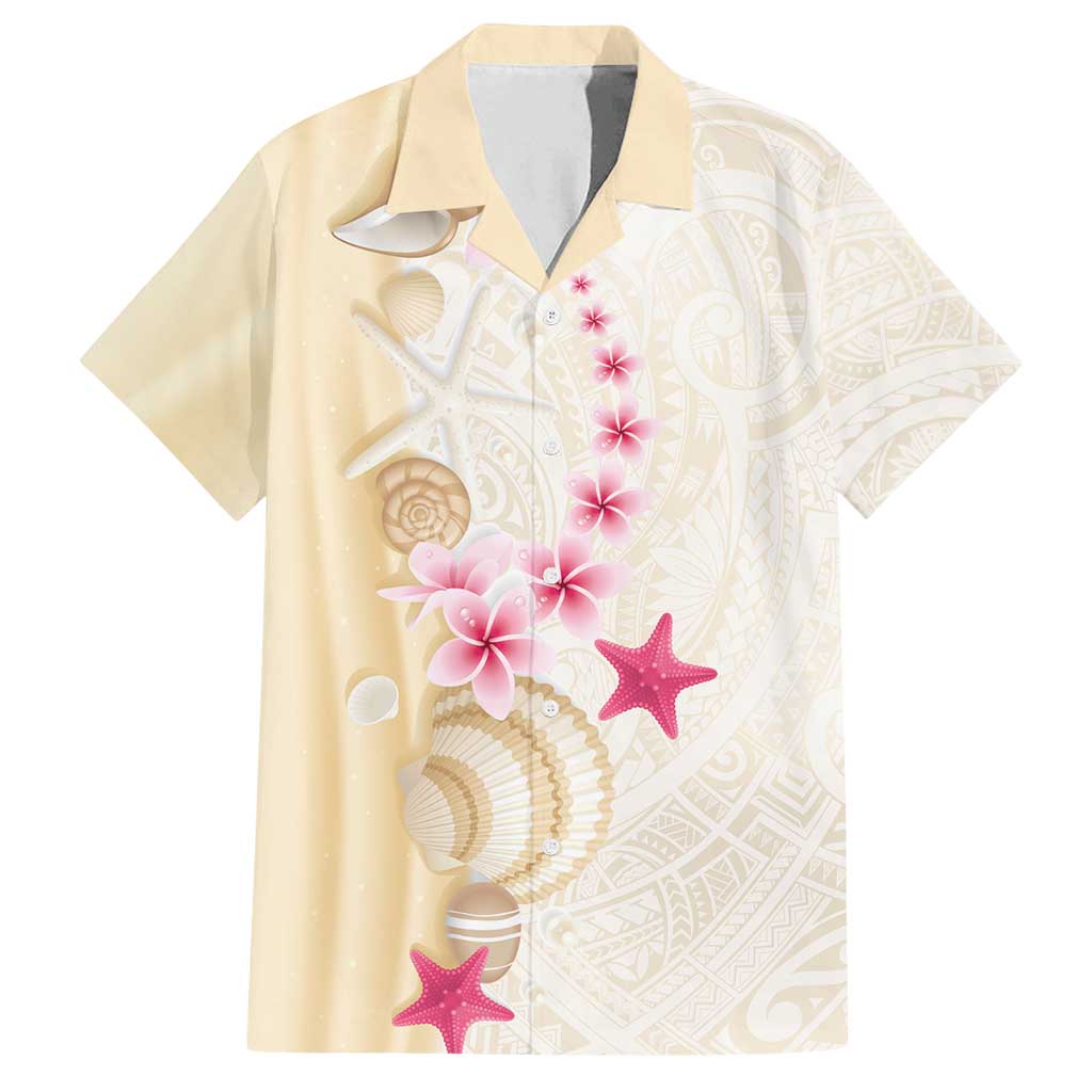 Beige Frangipani Sea Shell Family Matching Tank Maxi Dress and Hawaiian Shirt Starfish Polynesian Pattern - Polynesian Pride