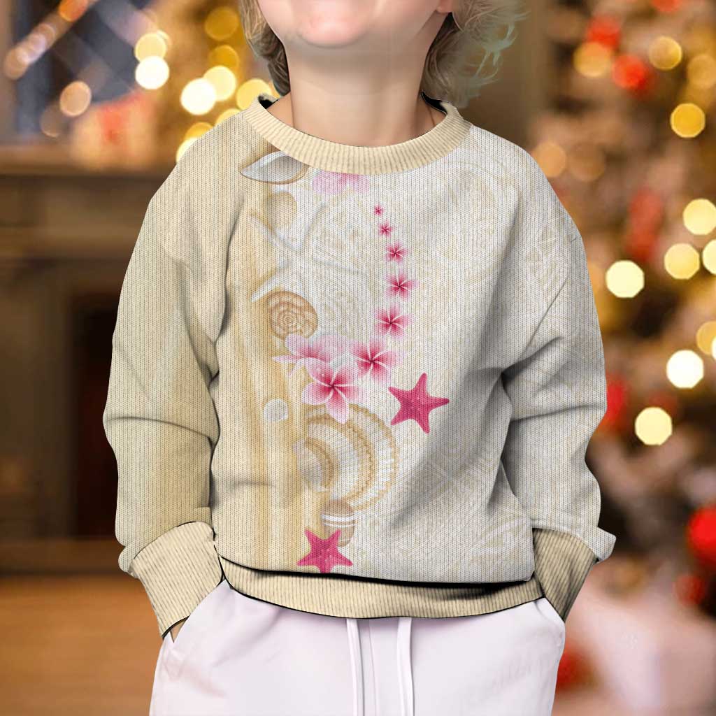 Beige Frangipani Sea Shell Kid Ugly Christmas Sweater Starfish Polynesian Pattern - Polynesian Pride