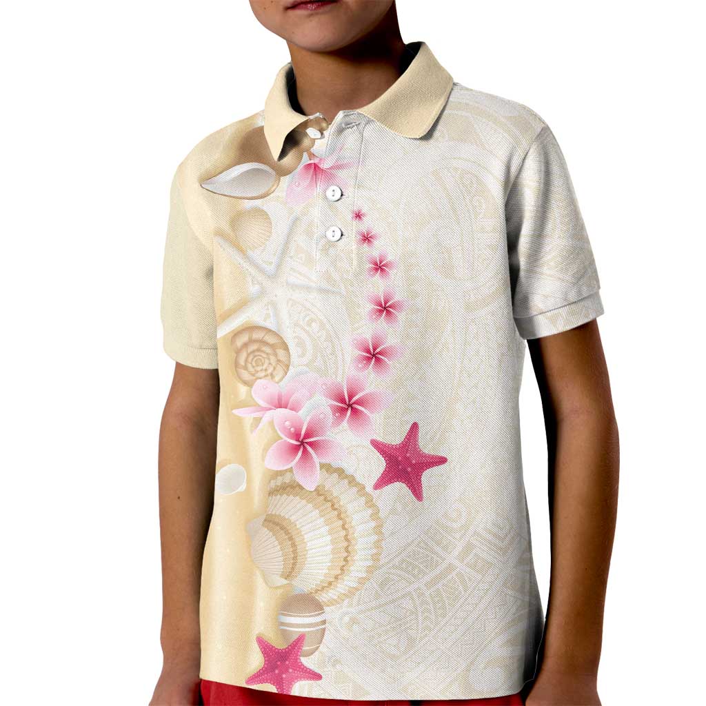Beige Frangipani Sea Shell Kid Polo Shirt Starfish Polynesian Pattern - Polynesian Pride