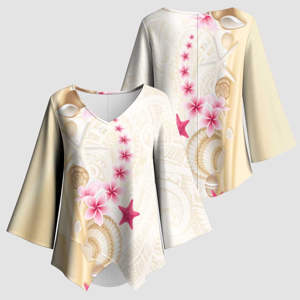 Beige Frangipani Sea Shell Kimono Sleeve Blouse Starfish Polynesian Pattern - Polynesian Pride