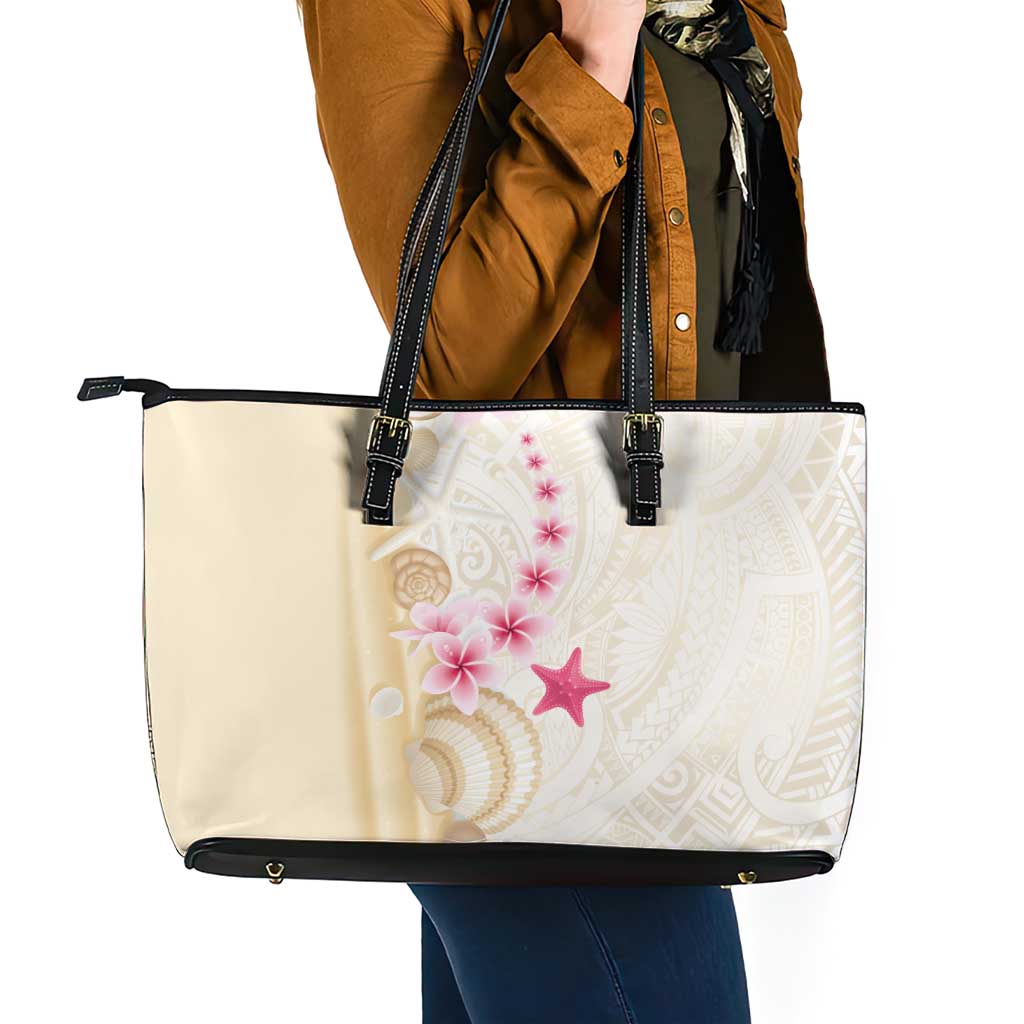 Beige Frangipani Sea Shell Leather Tote Bag Starfish Polynesian Pattern - Polynesian Pride