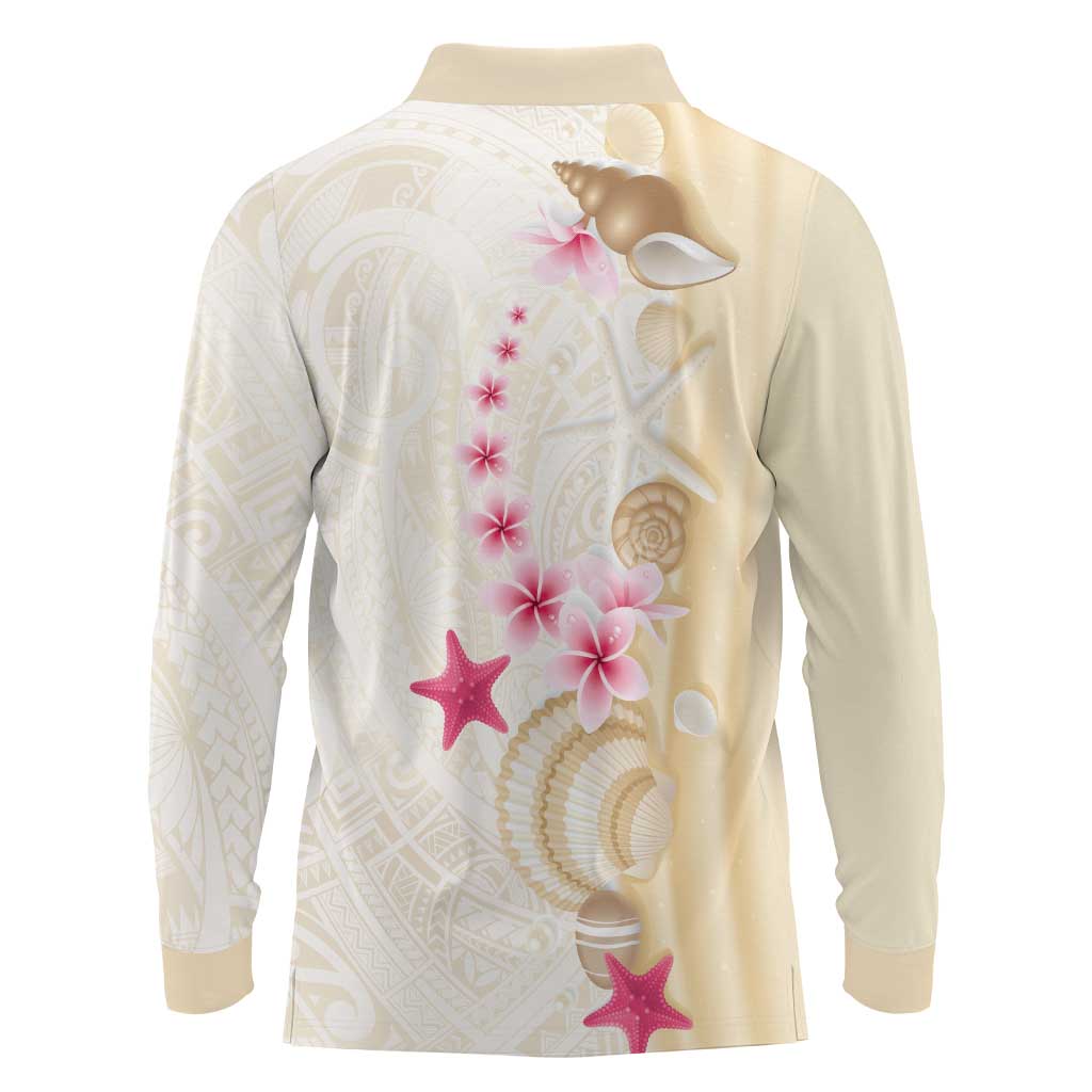 Beige Frangipani Sea Shell Long Sleeve Polo Shirt Starfish Polynesian Pattern - Polynesian Pride