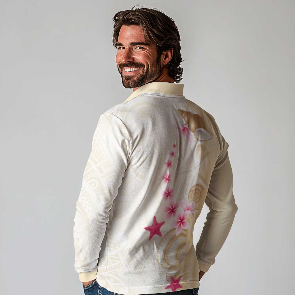 Beige Frangipani Sea Shell Long Sleeve Polo Shirt Starfish Polynesian Pattern - Polynesian Pride