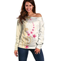 Beige Frangipani Sea Shell Off Shoulder Sweater Starfish Polynesian Pattern - Polynesian Pride