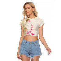 Beige Frangipani Sea Shell Raglan Cropped T Shirt Starfish Polynesian Pattern - Polynesian Pride
