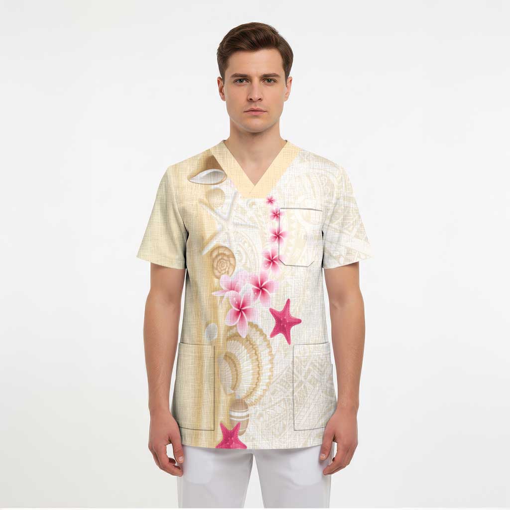 Beige Frangipani Sea Shell Scrub Top Starfish Polynesian Pattern - Polynesian Pride