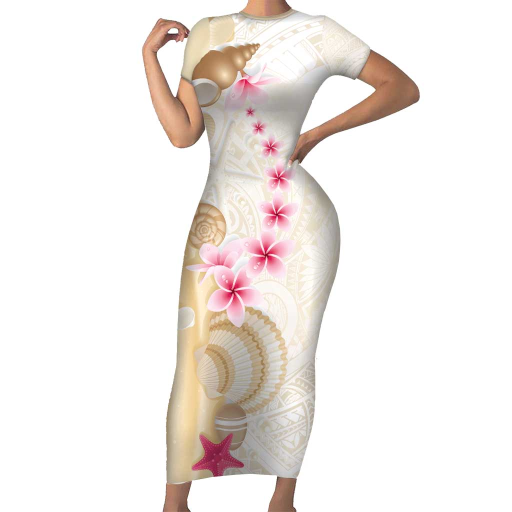 Beige Frangipani Sea Shell Short Sleeve Bodycon Dress Starfish Polynesian Pattern - Polynesian Pride