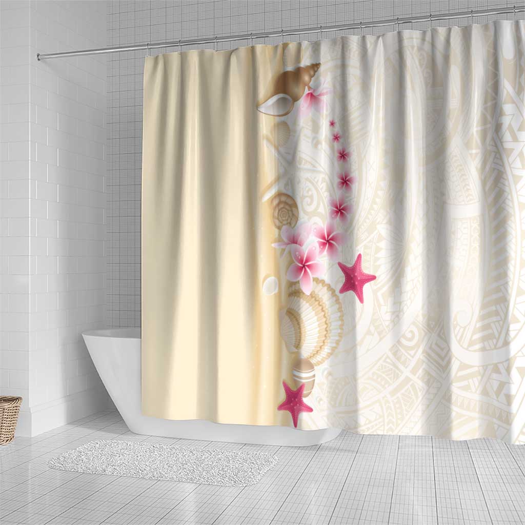 Beige Frangipani Sea Shell Shower Curtain Starfish Polynesian Pattern - Polynesian Pride