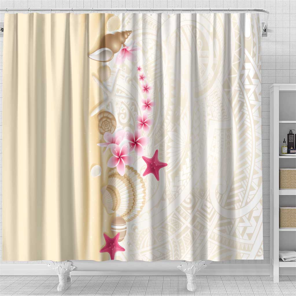 Beige Frangipani Sea Shell Shower Curtain Starfish Polynesian Pattern - Polynesian Pride