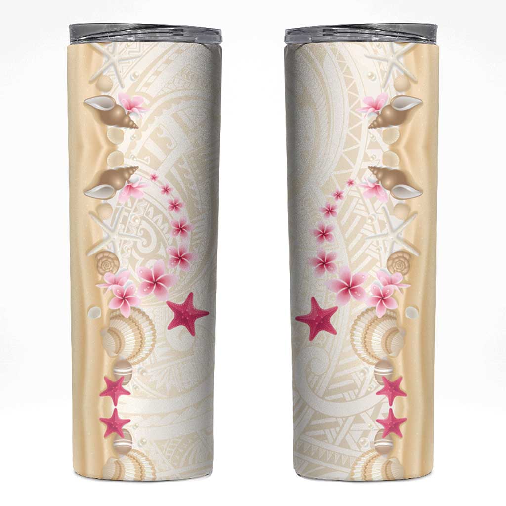 Beige Frangipani Sea Shell Skinny Tumbler Starfish Polynesian Pattern - Polynesian Pride