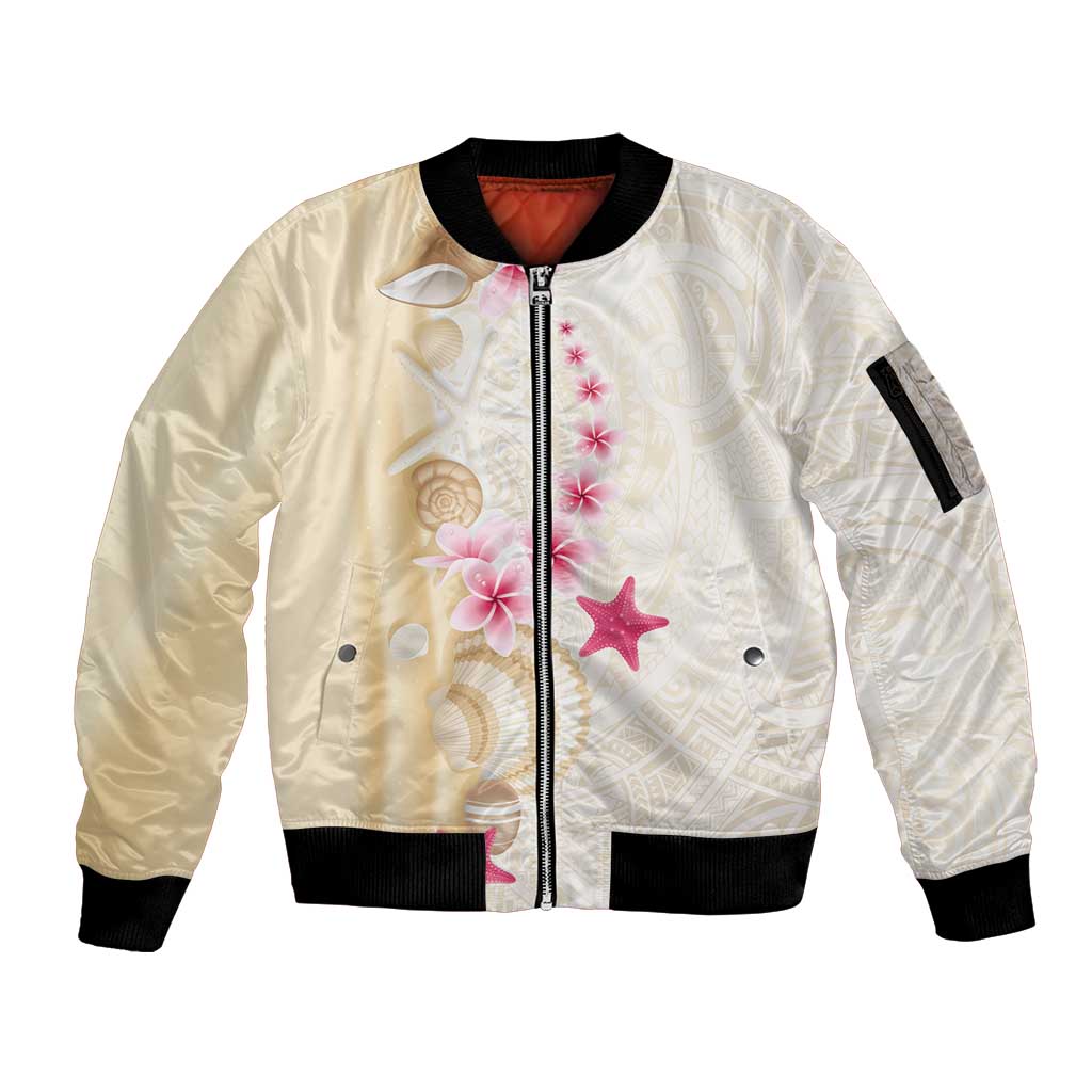 Beige Frangipani Sea Shell Sleeve Zip Bomber Jacket Starfish Polynesian Pattern - Polynesian Pride
