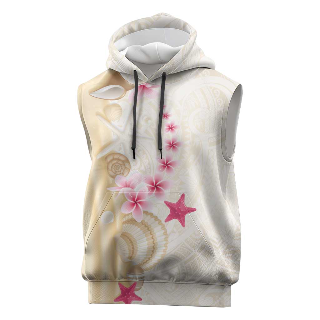 Beige Frangipani Sea Shell Sleeveless Hoodie Starfish Polynesian Pattern - Polynesian Pride