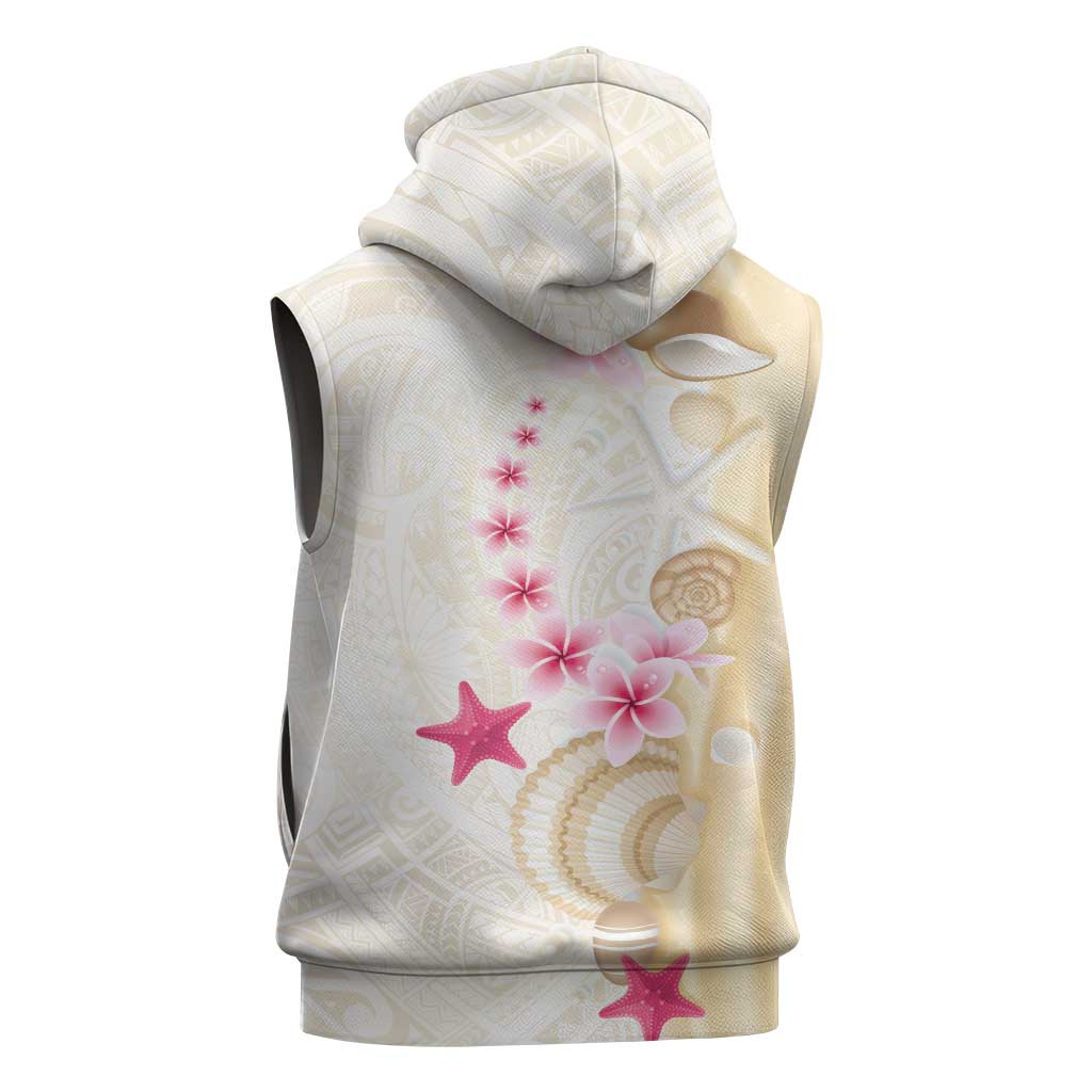 Beige Frangipani Sea Shell Sleeveless Hoodie Starfish Polynesian Pattern - Polynesian Pride