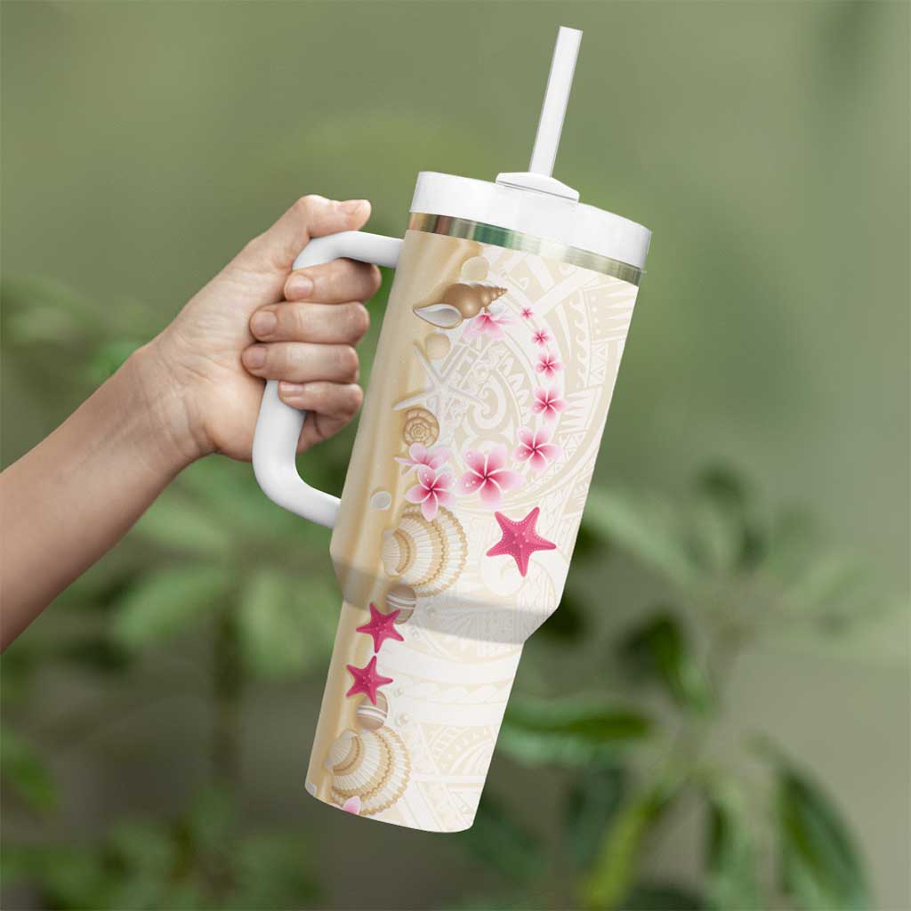 Beige Frangipani Sea Shell Tumbler With Handle Starfish Polynesian Pattern - Polynesian Pride