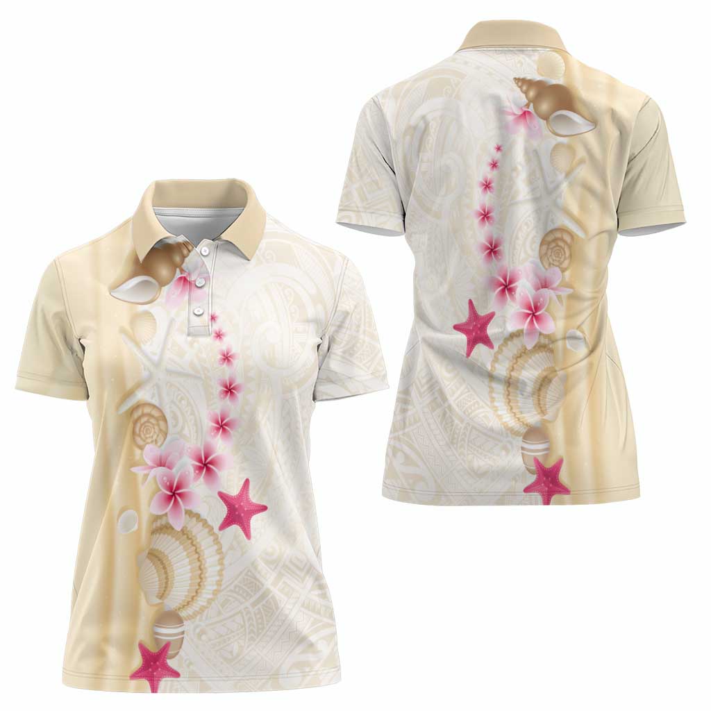 Beige Frangipani Sea Shell Women Polo Shirt Starfish Polynesian Pattern - Polynesian Pride
