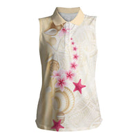 Beige Frangipani Sea Shell Women Sleeveless Polo Shirt Starfish Polynesian Pattern - Polynesian Pride