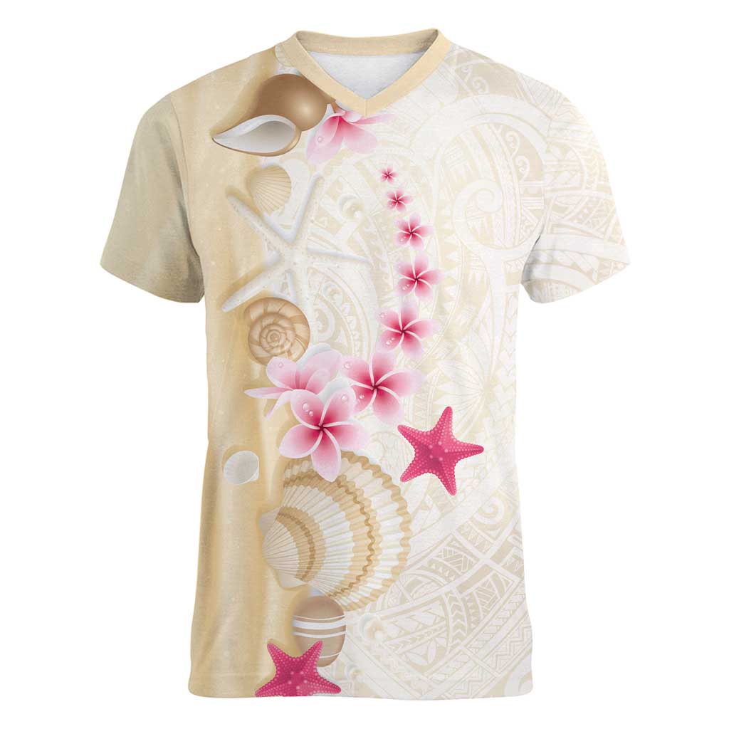 Beige Frangipani Sea Shell Women V-Neck T-Shirt Starfish Polynesian Pattern - Polynesian Pride