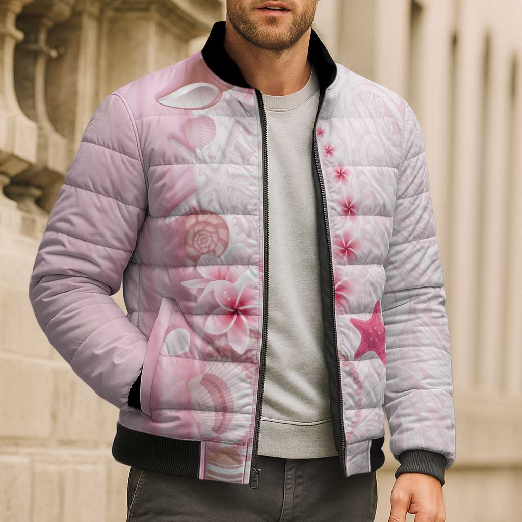Pink Plumeria Sea Shell Bomber Puffer Jacket Starfish Polynesian Pattern - Polynesian Pride