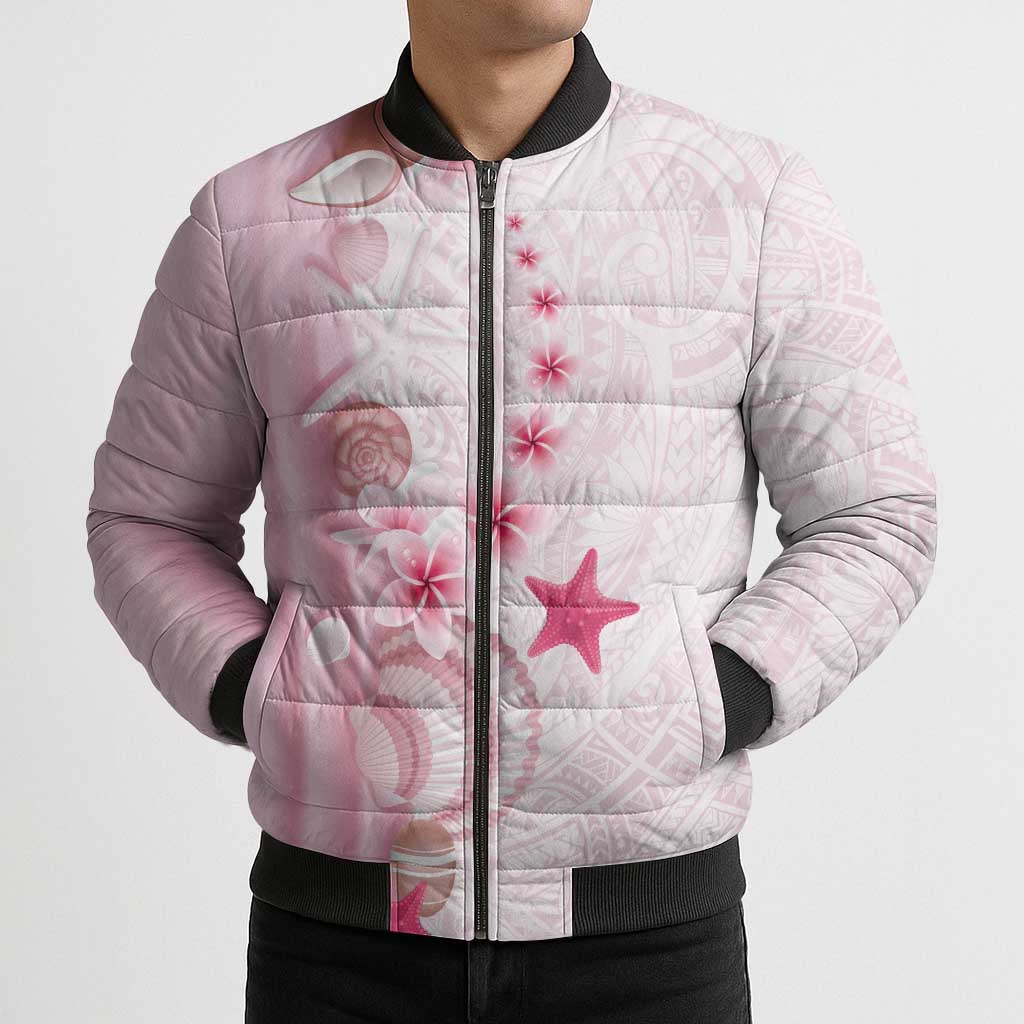 Pink Plumeria Sea Shell Bomber Puffer Jacket Starfish Polynesian Pattern - Polynesian Pride