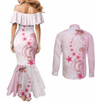 Pink Plumeria Sea Shell Couples Matching Mermaid Dress and Long Sleeve Button Shirt Starfish Polynesian Pattern - Polynesian Pride