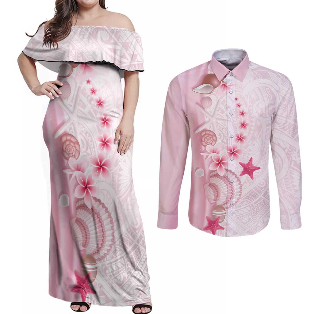 Pink Plumeria Sea Shell Couples Matching Off Shoulder Maxi Dress and Long Sleeve Button Shirt Starfish Polynesian Pattern - Polynesian Pride